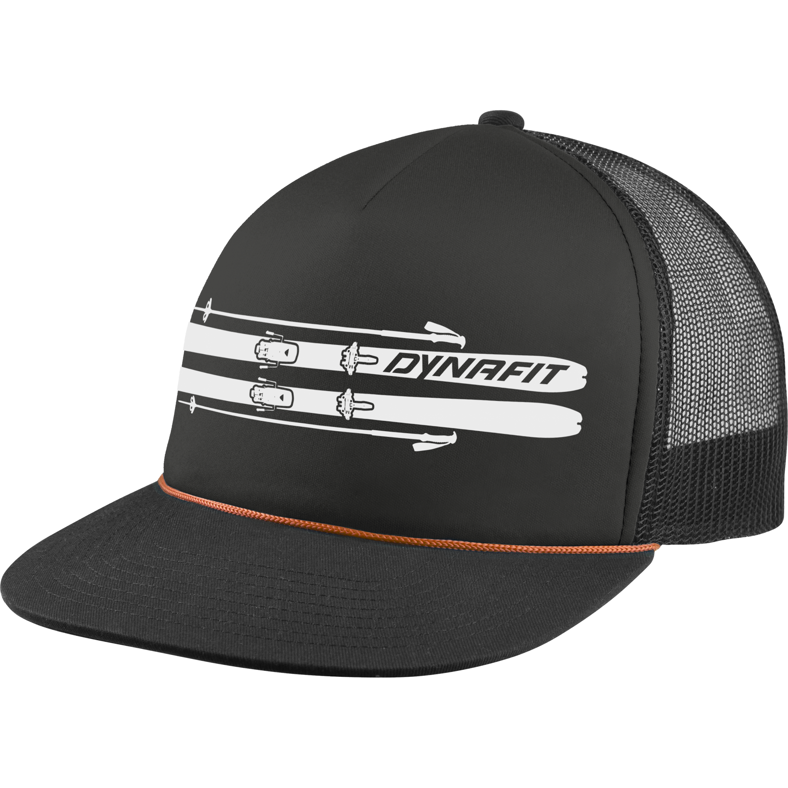 Schwarzes Trucker Cap mit weißem Ski-Motiv und orangefarbener Kordel. Netzstoff hinten für Ventilation.