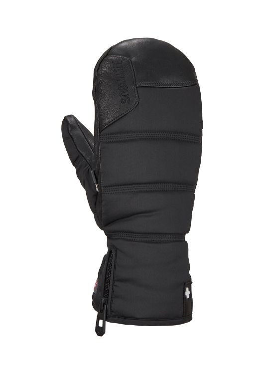 Schwarze Softheated Fäustlinge Nahaufnahme eines schwarzen Lady Super Soft heated Mitten Handschuhs mit Reißverschluss am Handgelenk.