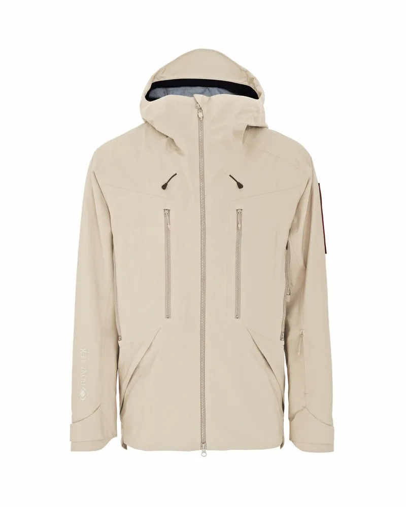 Beige Z-2 HD GORE-TEX Pro 3L Shell Jacke mit Kapuze, Reißverschluss und Taschen.