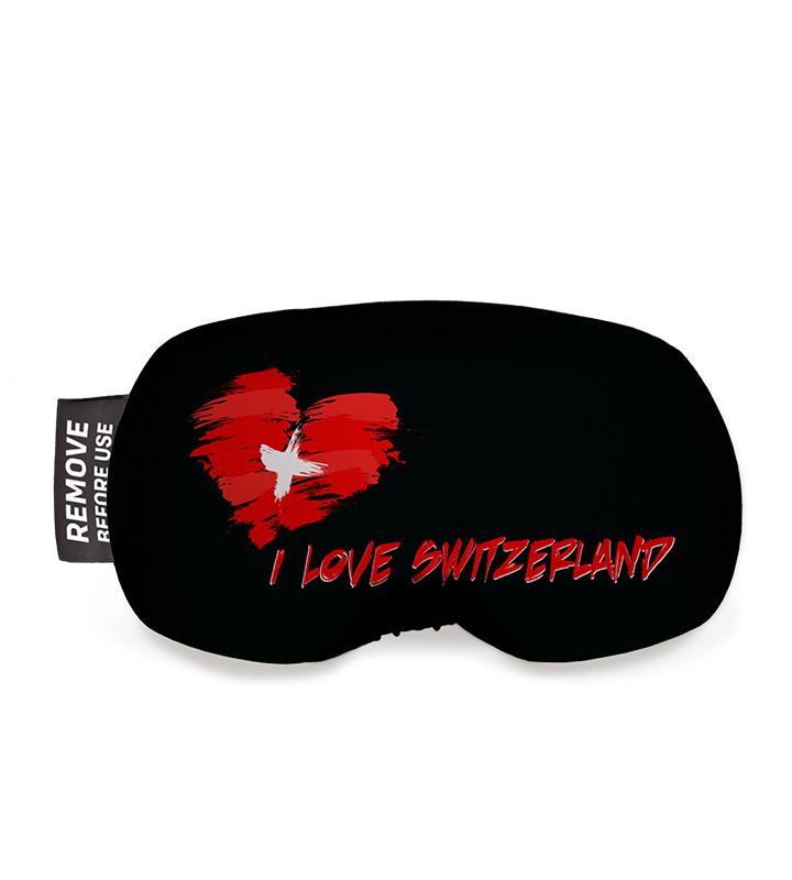 Skibrillenschutz Schweiz Schwarzer Skibrillenschutz mit Schweizerkreuz-Herz, Aufschrift "I love Switzerland" und Hinweis-Etikett.