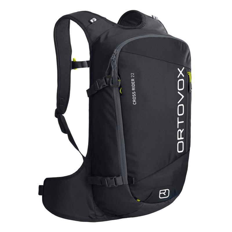 Ortovox Cross Rider 22 Schwarzer Ortovox Cross Rider 22 Rucksack mit Schultergurten und Rückenpolster, seitlicher Reißverschluss.