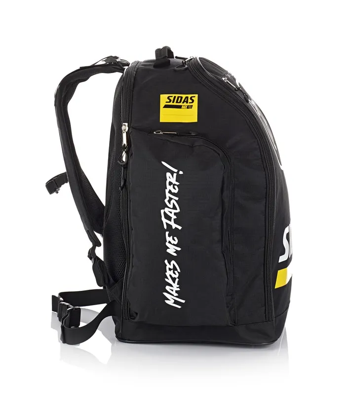 Schwarze Sidas Race Boot Bag 60L mit Tragegurten, gelbem Logo und weißem Schriftzug "MAKES ME FASTER!".