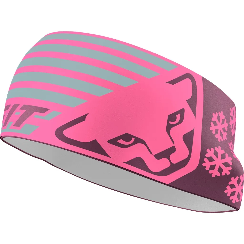 Pinkes Stirnband mit stilisiertem Katzenkopf, grauen Streifen und Schneeflocken-Motiv für sportliche Aktivitäten.