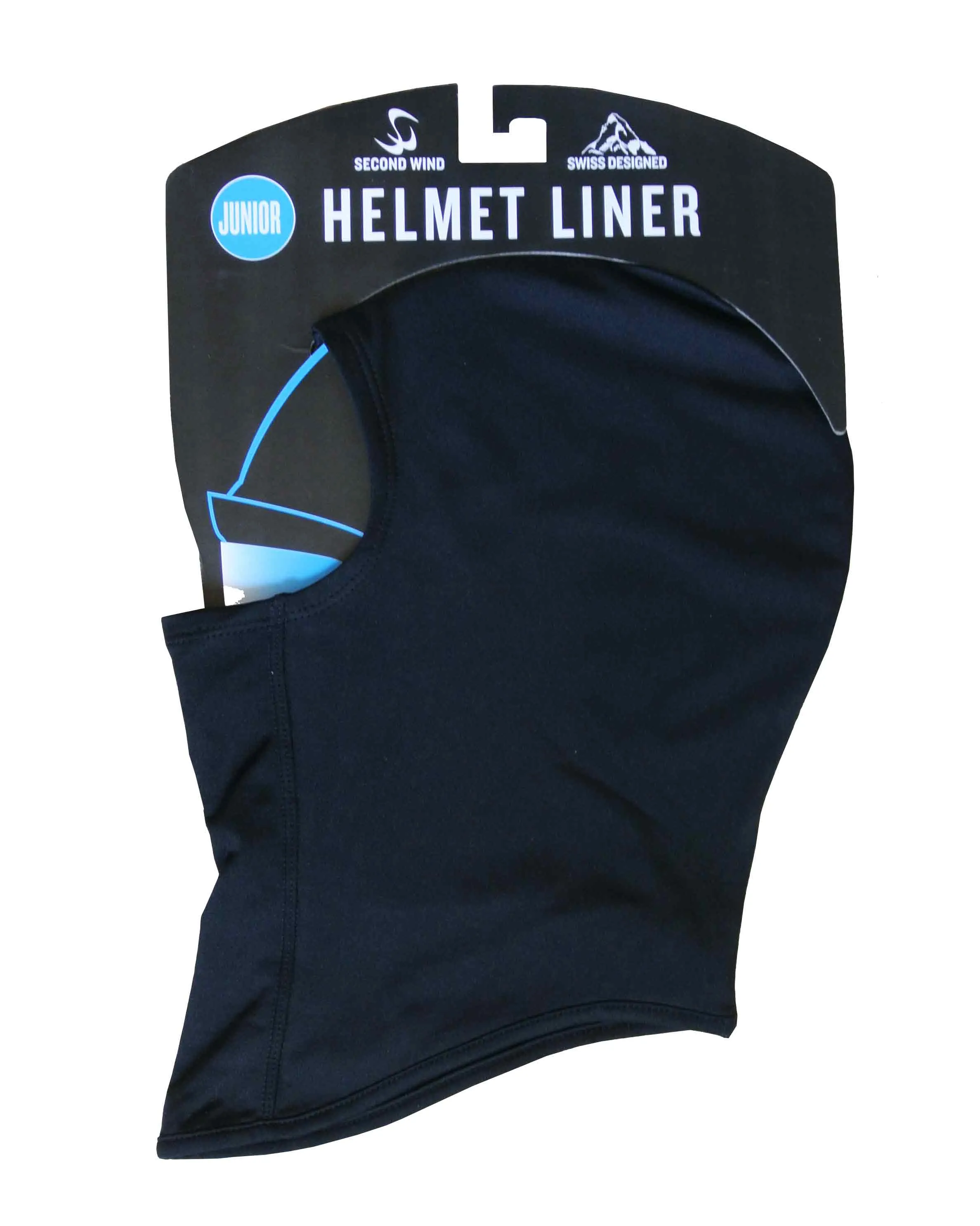 Verpackte, schwarze Sturmhaube / Helm-Unterziehmütze "Junior Helmet Liner" mit Gesichtsausschnitt.