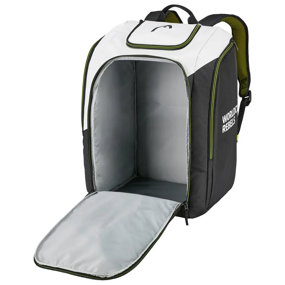 Offener, weiß-schwarzer Head Rebels Racing Backpack S mit großem Innenraum und Tragegurten.