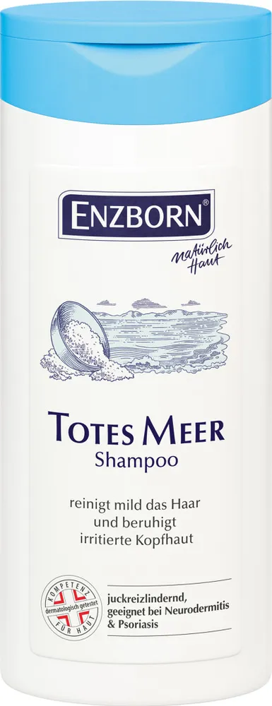 Weiße Flasche Totes Meer Shampoo mit blauem Deckel und Illustration von Salz und Meer.