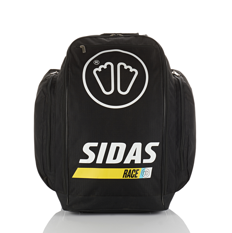 Schwarze Sidas Race Boot Bag 60L mit Reißverschlüssen, Logo und gelbem Race-Schriftzug auf der Vorderseite.