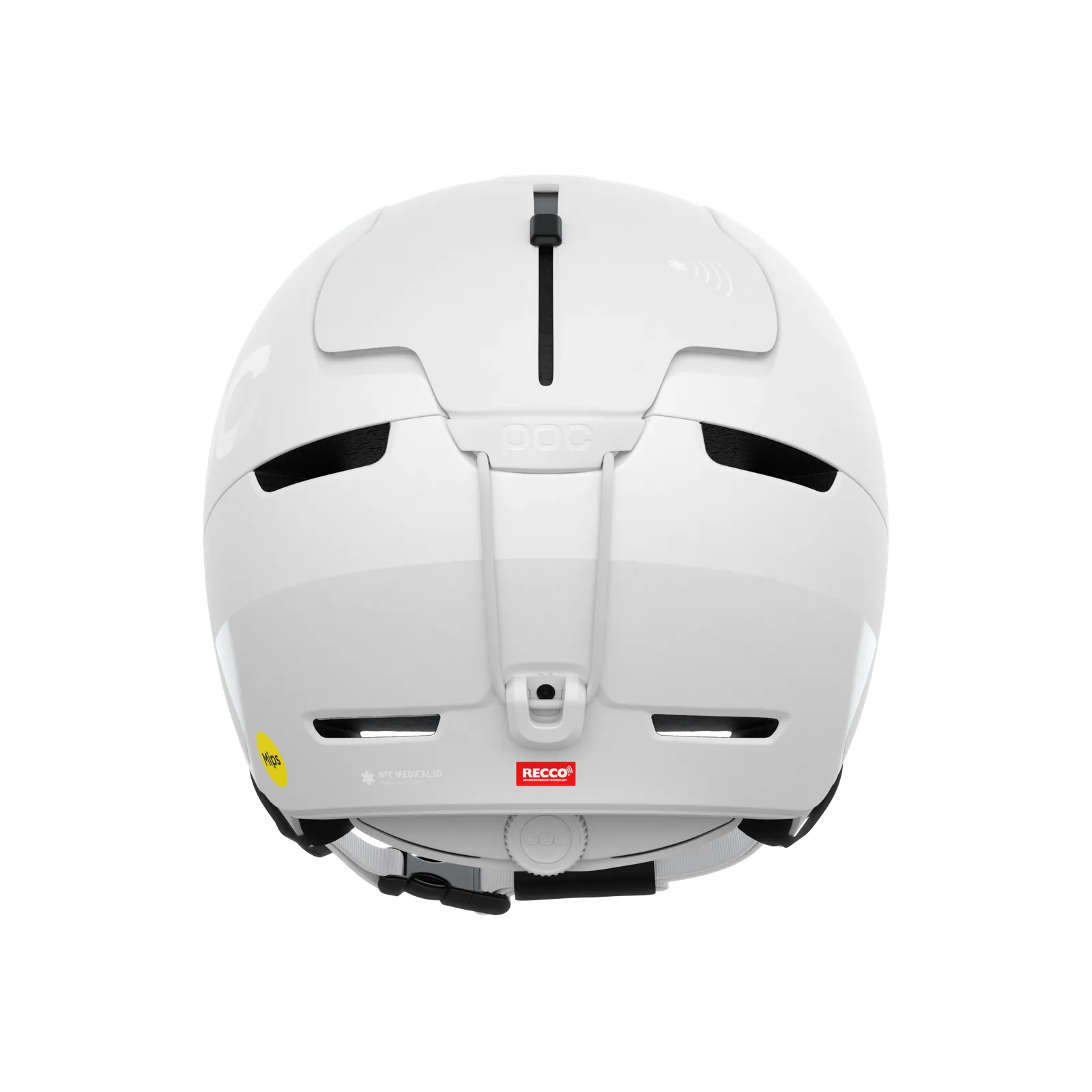 Rückansicht des weißen POC Obex BC MIPS Helms mit Belüftungsschlitzen, MIPS-Logo und RECCO-Reflektor.
