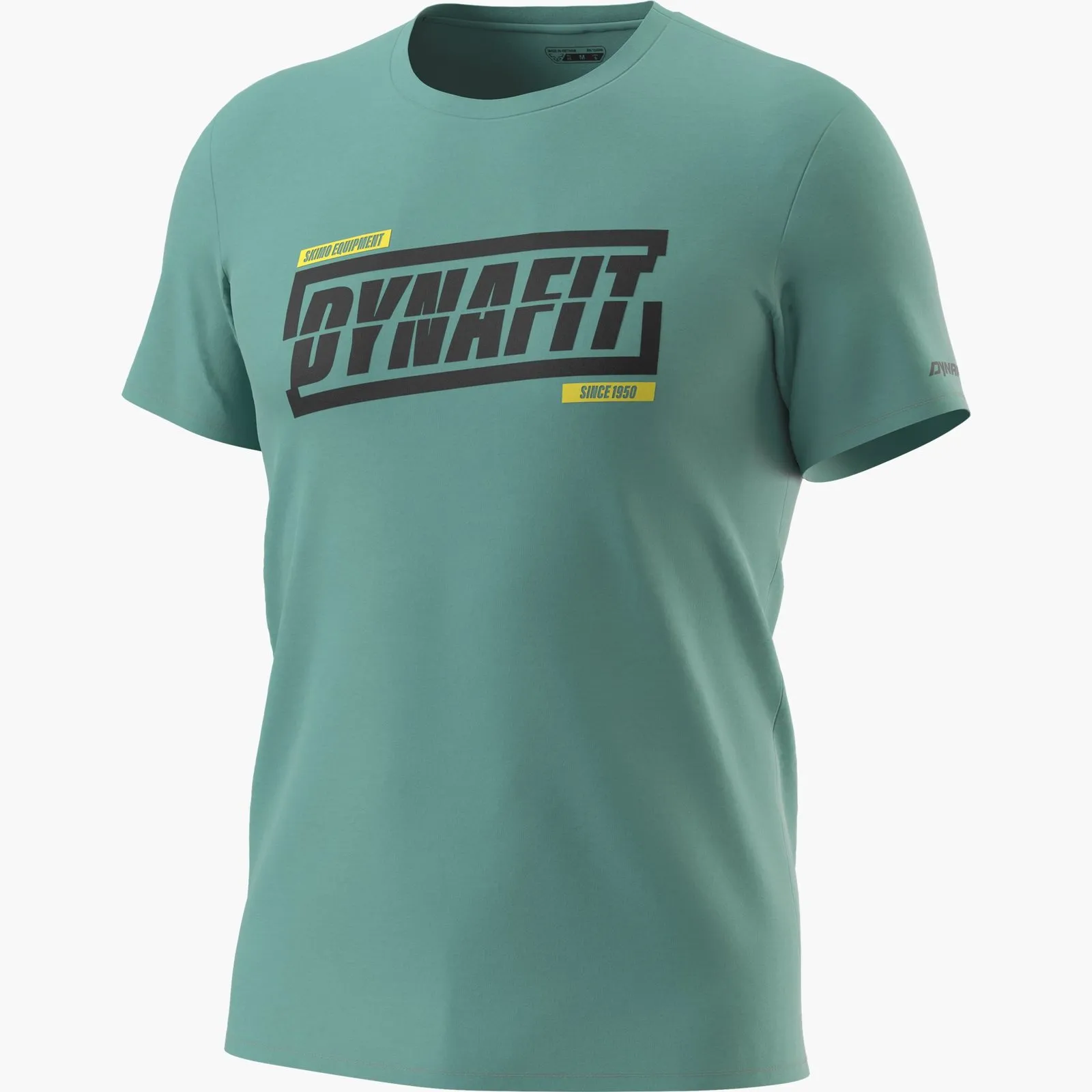 Atlantic-farbenes Dynafit Graphic Cotton T-Shirt mit schwarzem Dynafit Logo und gelben Akzenten.