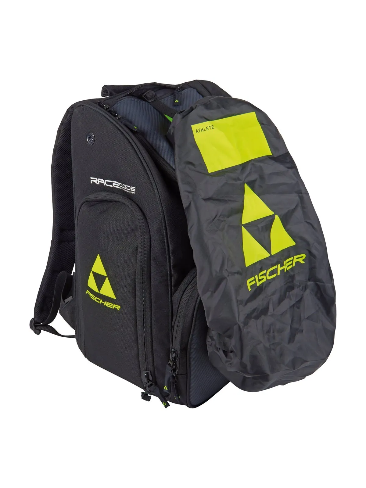 Ein schwarzer Fischer-Rucksack mit gelbem Logo, Details und einer grauen wasserdichten Abdeckung. Auf dem Cover ist ein gelbes Namensschild "ATHLETE" zu sehen.