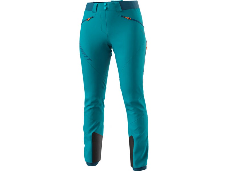 Damen Skitourenhose Petrol Petrolfarbene Dynafit TLT Touring Damen Skitourenhose, Frontansicht. Details: Taschen mit orangen Zips und dunkle Verstärkungen am Beinende.