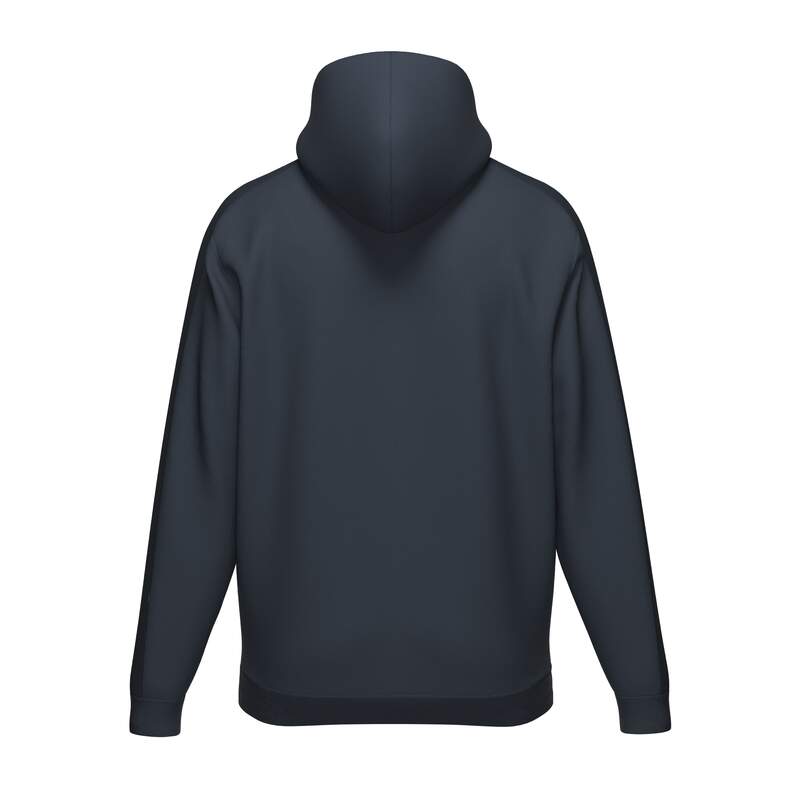 Dunkelblauer Hoodie von hinten mit Kapuze und langen Ärmeln auf weißem Hintergrund.