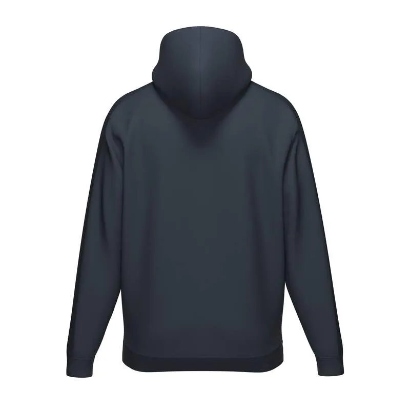 Dunkelblauer Hoodie von hinten mit Kapuze und langen Ärmeln auf weißem Hintergrund.