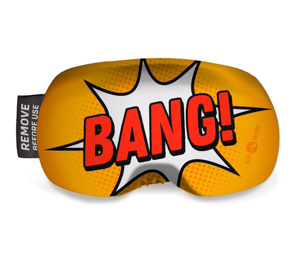 Comic-Stil Skibrillen-Hülle Gelbe Skibrillen-Schutzhülle mit rotem "BANG!"-Schriftzug im Comic-Stil.