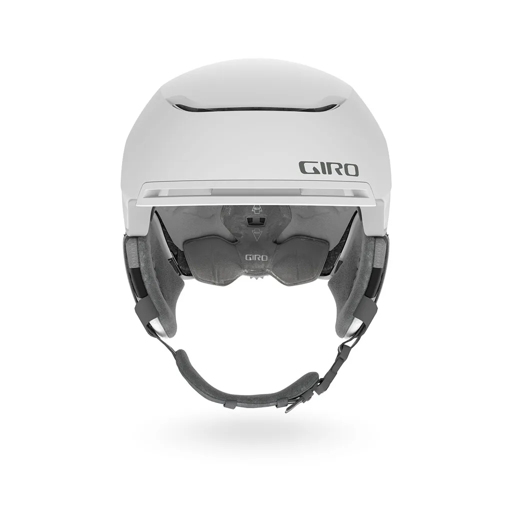 Weißer Giro Terra MIPS Helm von vorne, Detailaufnahme der Ohrpolster und Kinnriemen.