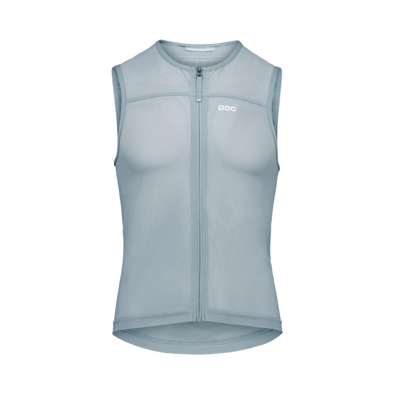 Ärmellose, graue POC VPD Air Vest mit Reißverschluss in der Mitte. Das POC-Logo befindet sich auf der Brust.