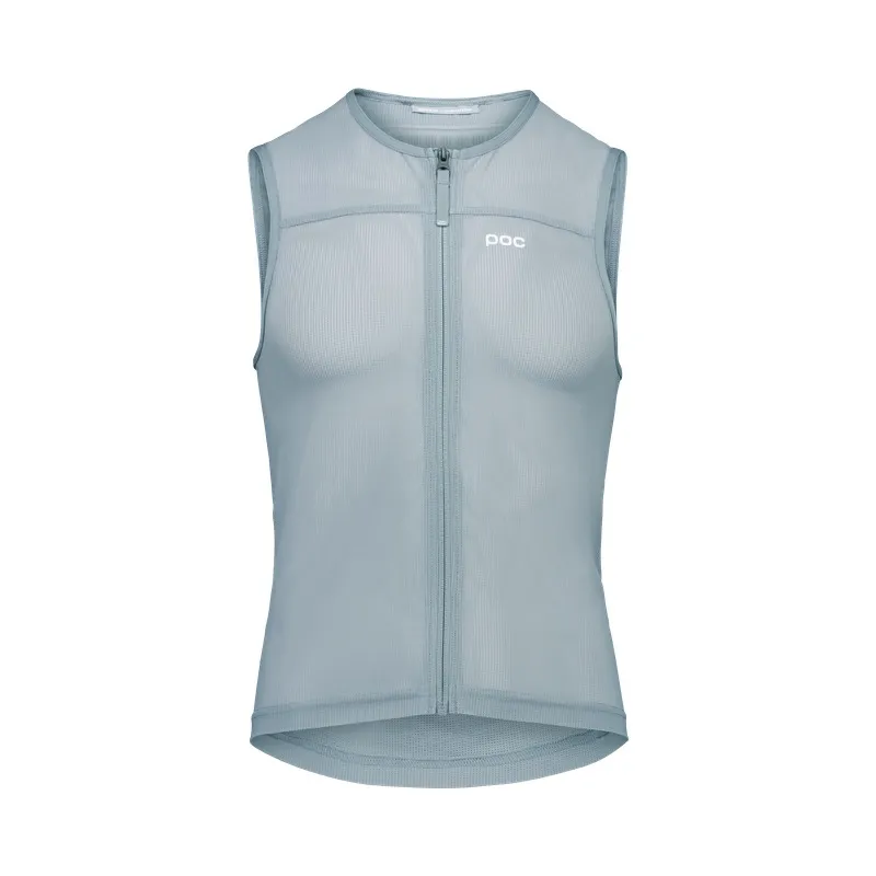 Ärmellose, graue POC VPD Air Vest mit Reißverschluss in der Mitte. Das POC-Logo befindet sich auf der Brust.
