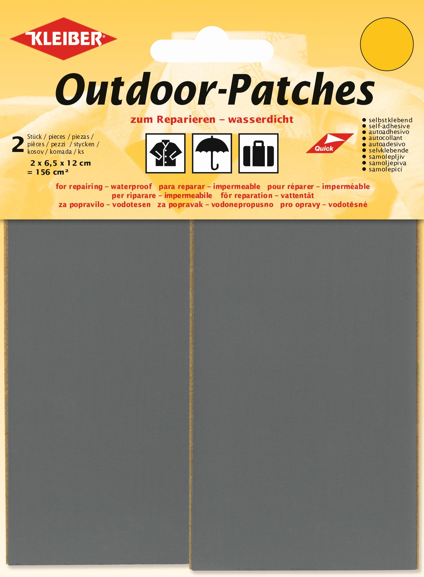 Verpackung Outdoor-Patches von Kleiber: selbstklebende, wasserdichte Flicken mit Piktogrammen für Kleidung, Regenschirm und Gepäck.