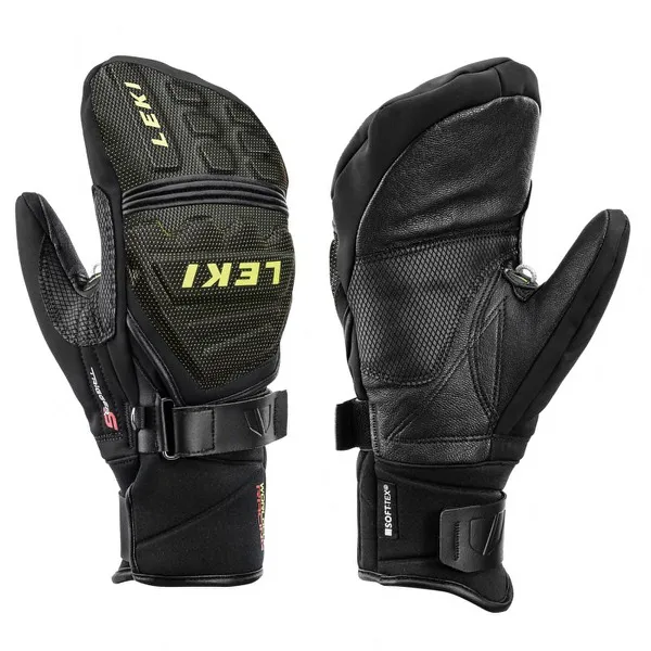 Zwei schwarze Leki Race Coach C-Tech S MITT Fäustlinge, Leder, Kunstfaserfüllung und Logos.