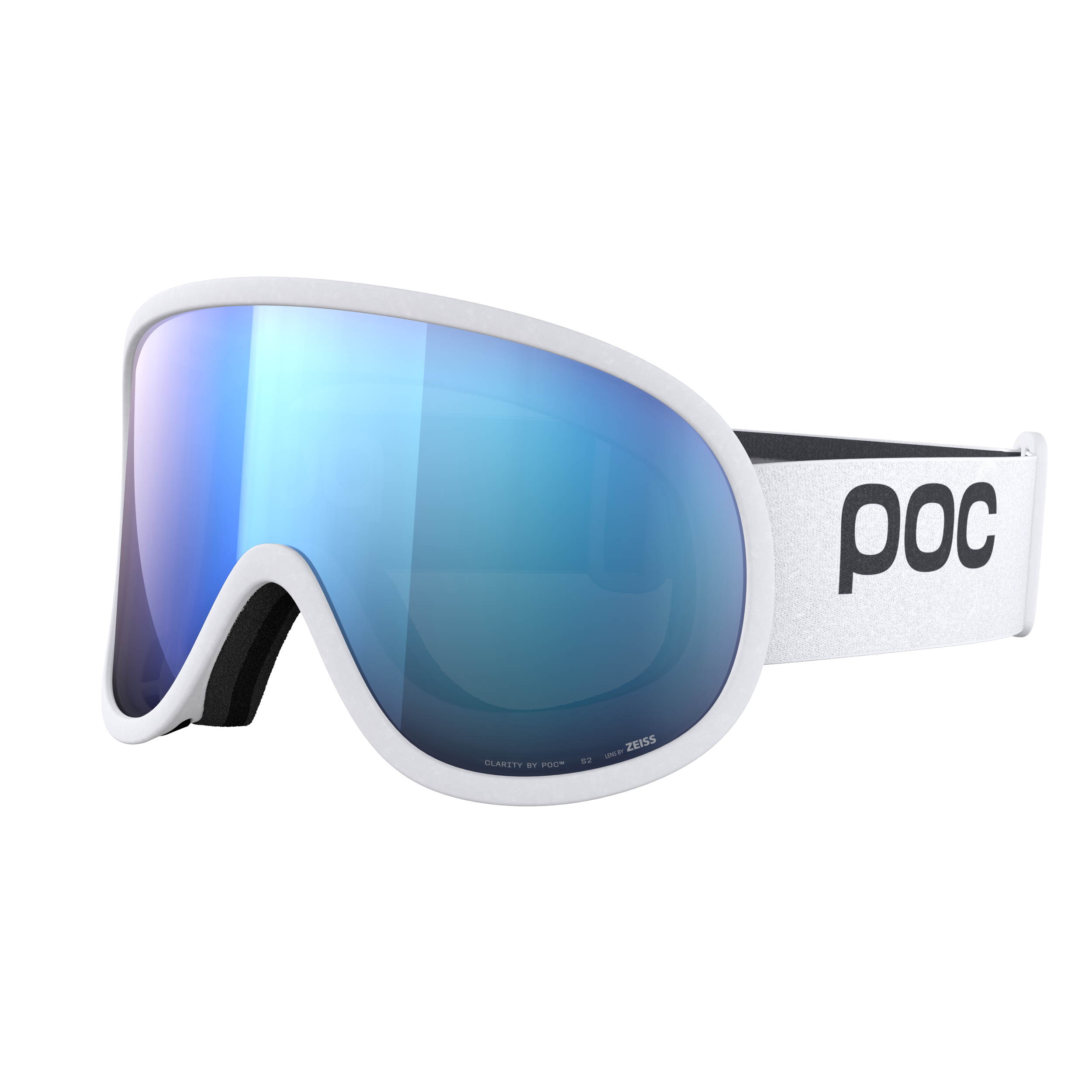 Weiße POC Retina Skibrille mit blau verspiegelter zylindrischer Linse, seitliche Ansicht.