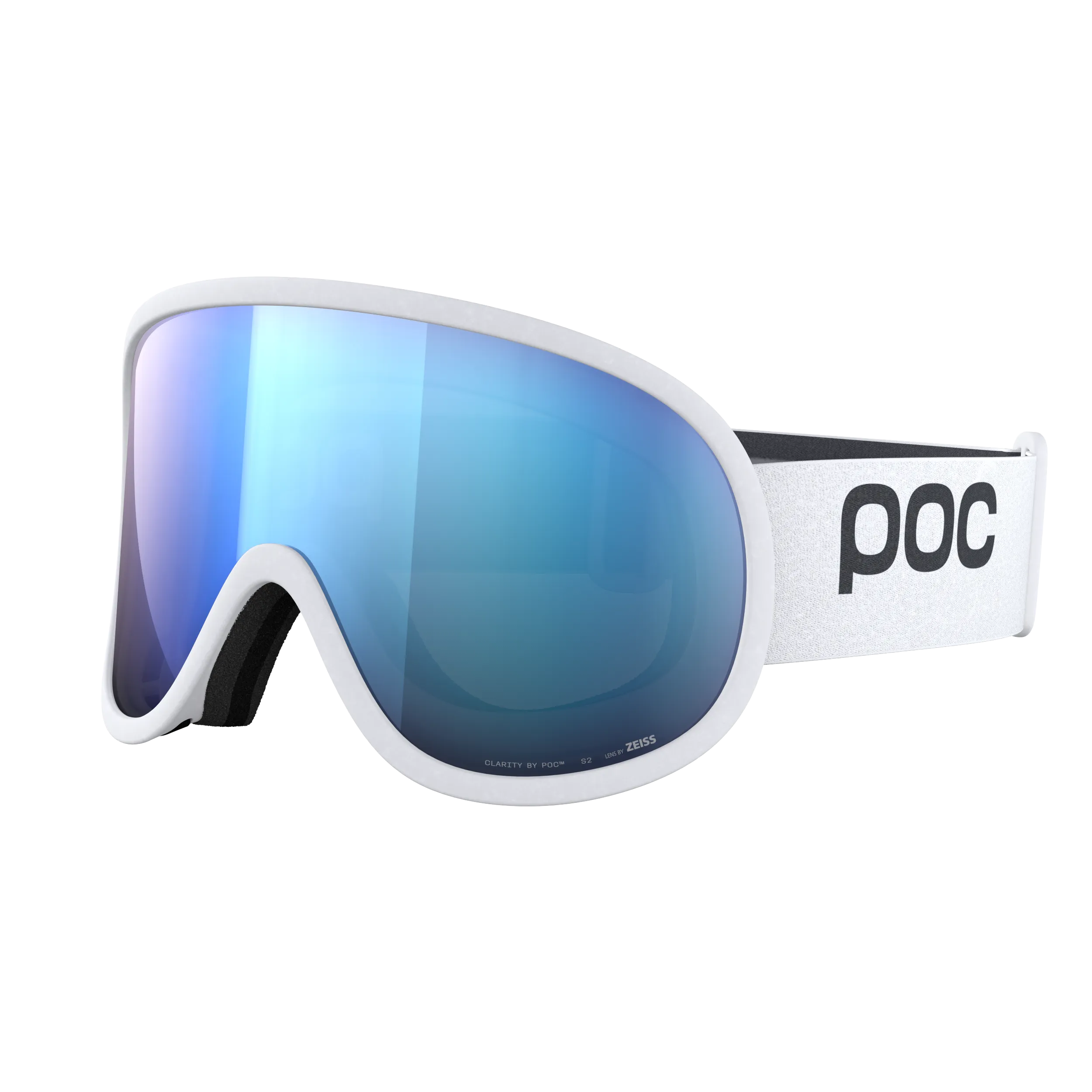 Weiße POC Retina Skibrille mit blau verspiegelter zylindrischer Linse, seitliche Ansicht.