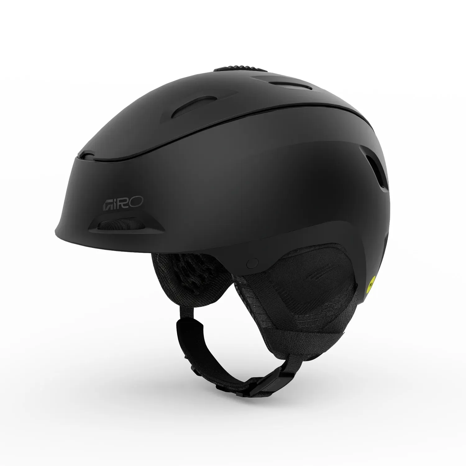 Schwarzer Skihelm der Marke Giro mit Ohrpolstern und Kinnriemen.