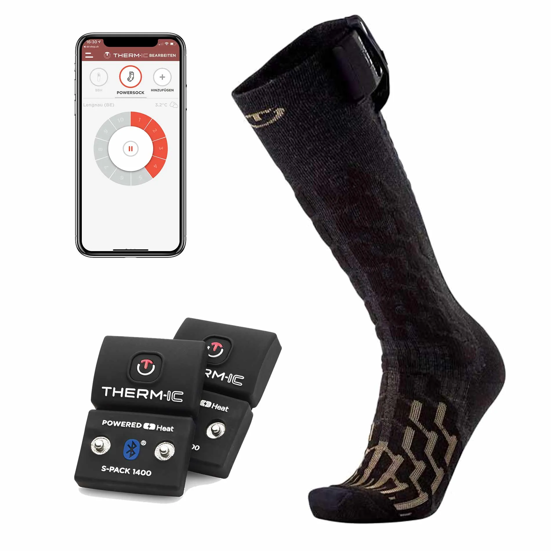 Therm-ic Powersocks Heat Fusion Men Set mit App-Steuerung und S-Pack 1400 Akkus. Wärmesocke und Smartphone.
