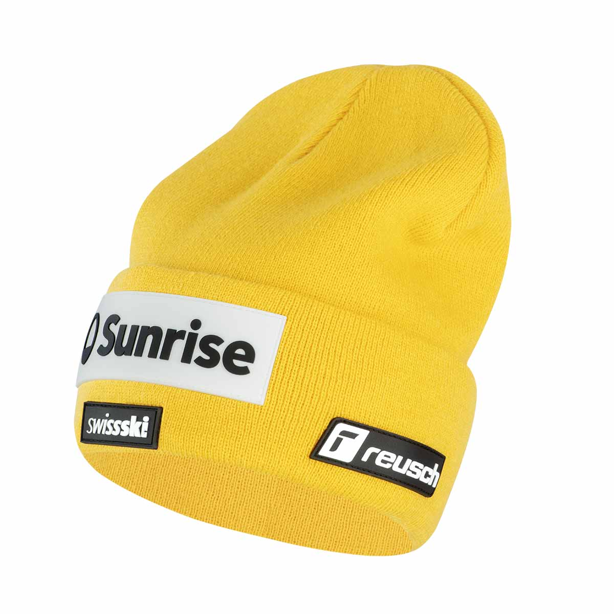 Gelbe Reusch Street Beanie mit Logos von Swiss-Ski und Sunrise auf weißem Grund, sowie Reusch Logo auf schwarzem Grund.