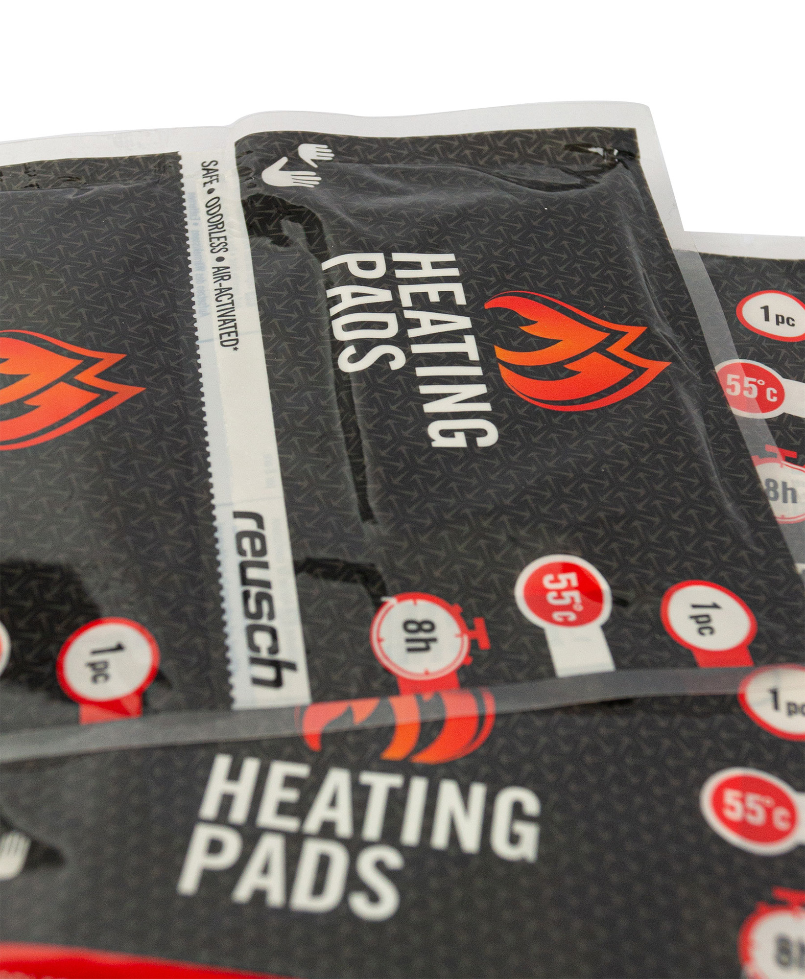 Mehrere Packungen Reusch Heizkissen mit rotem Flammenlogo, schwarzen Hintergrund und weißen Text. Sie versprechen bis zu 8 Stunden Wärme bei 55°C.