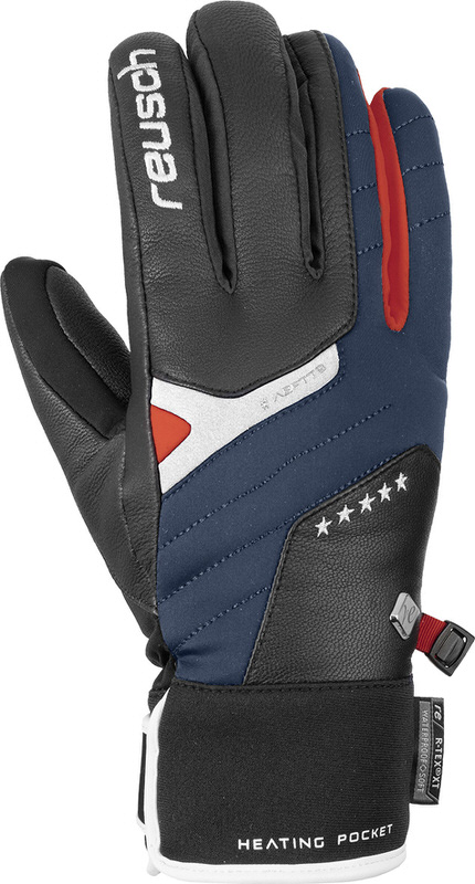 Reusch Mikaela Shiffrin Handschuhe Nahaufnahme des Reusch Mikaela Shiffrin GTX Skihandschuhs in Schwarz, Blau und Rot mit Gore-Tex Membrane.