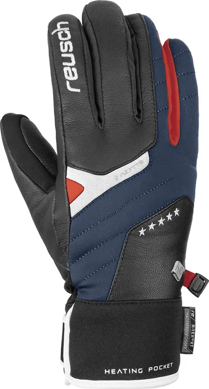 Nahaufnahme des Reusch Mikaela Shiffrin GTX Skihandschuhs in Schwarz, Blau und Rot mit Gore-Tex Membrane.