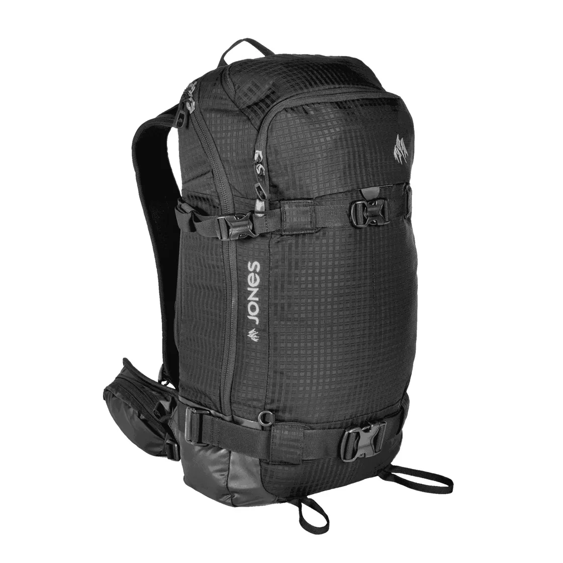 Schwarzer Jones DSCNT 32L Rucksack, seitliche Ansicht, mit Riemen und Taschen, für Outdoor-Aktivitäten.