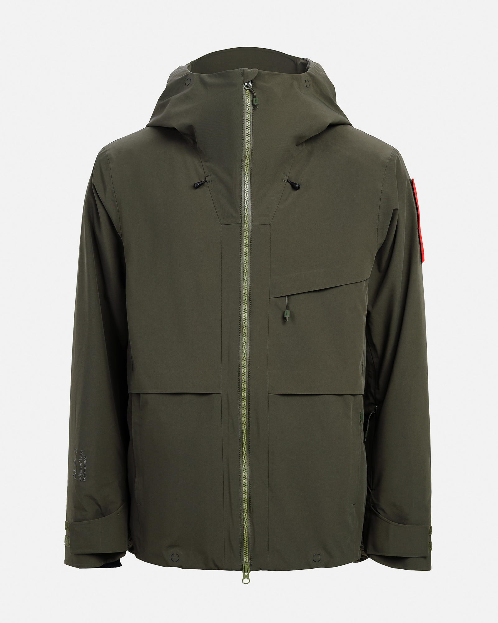 Forstgrüne S-3 Carv Insulated Stretch Jacke, frontal, mit Kapuze und Reißverschluss. Details: Brust- und Handwärmertaschen.