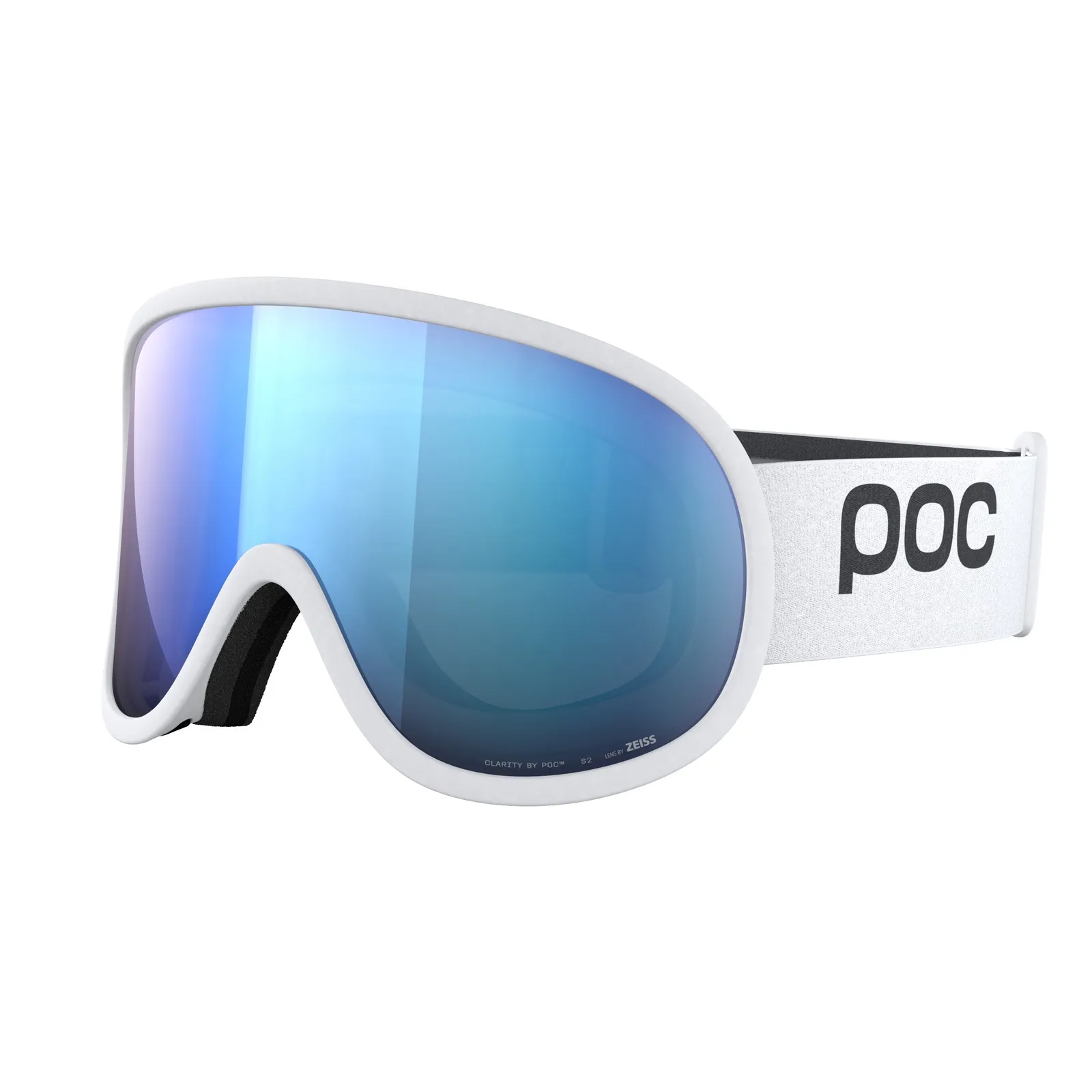 Weiße POC Retina Skibrille mit blau verspiegelter zylindrischer Linse, seitliche Ansicht.