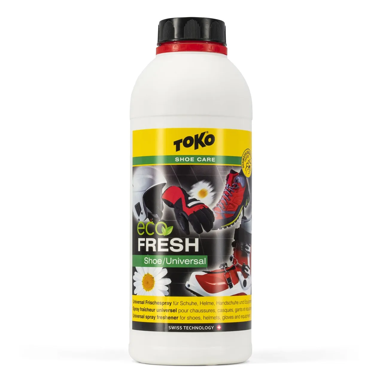 Weiße Flasche Toko Eco Shoefresh mit Etikett, das Schuhe, Helm und Handschuhe zeigt.
