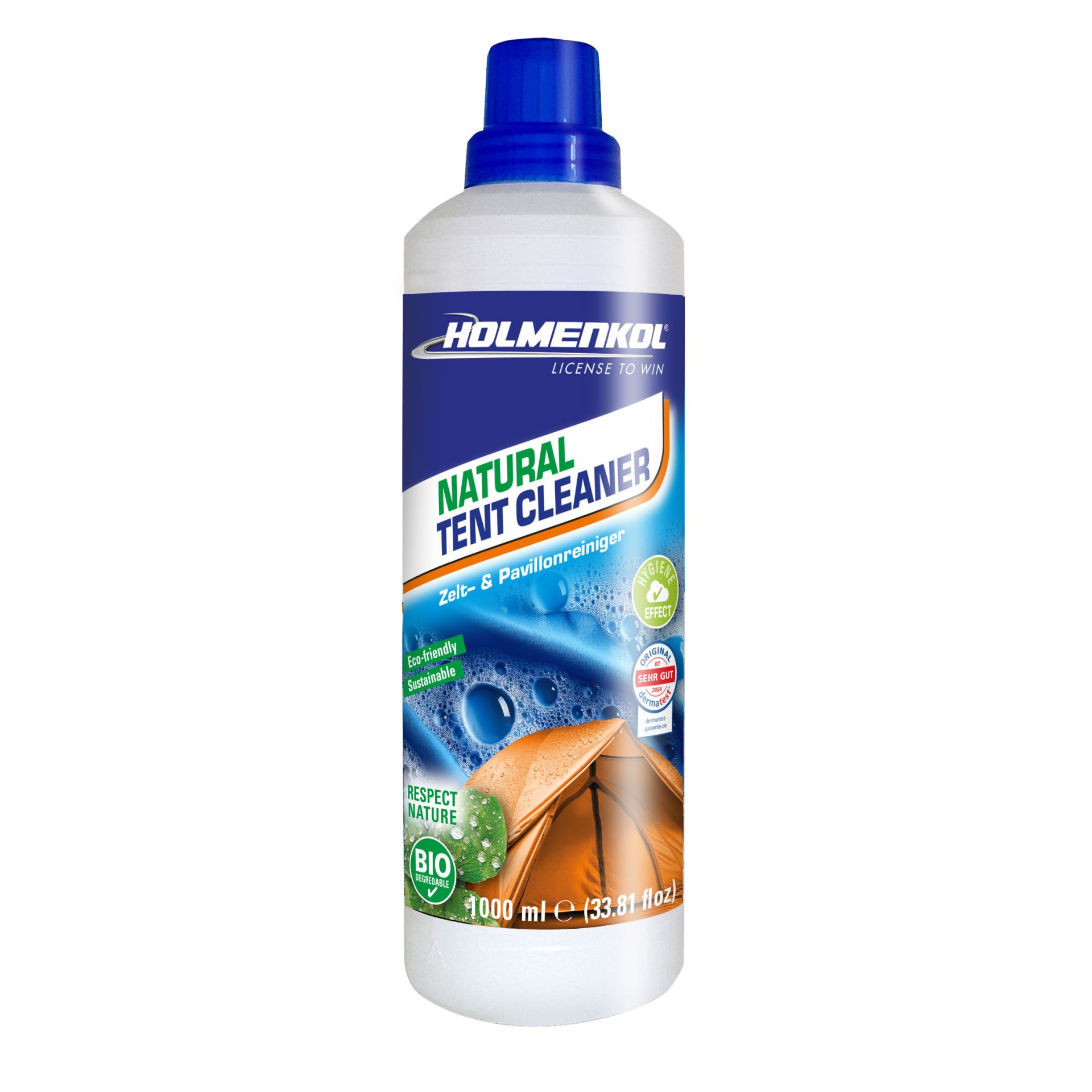 Weiße Flasche mit blauem Verschluss, beschriftet mit "Natural Tent Cleaner". Auf dem Etikett sind ein Zelt und grüne Logos abgebildet.
