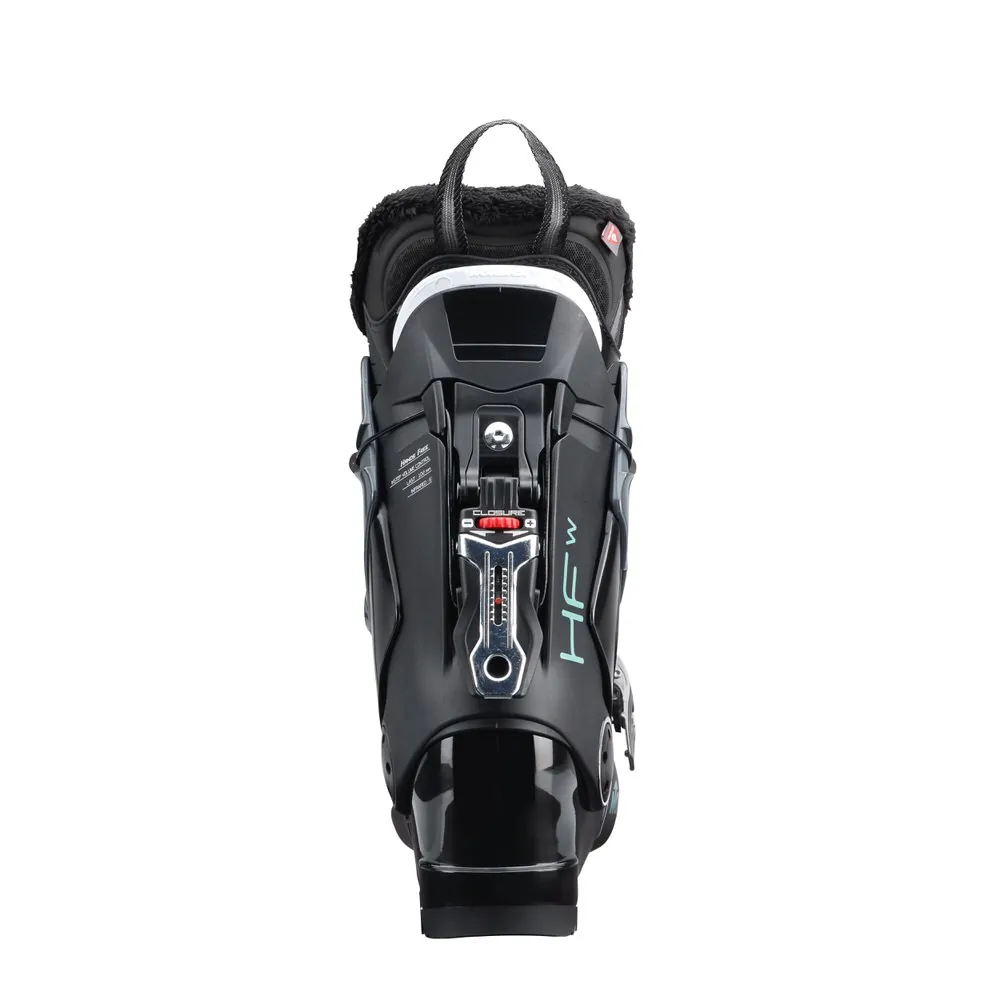 Schwarzer Nordica HF 85W Skischuh von hinten, mit Hands-Free-Verschluss-System und Schlaufe am Innenschuh.