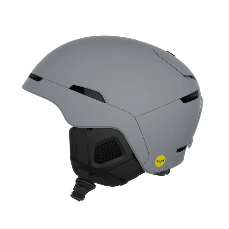 Grauer POC Obex MIPS Ski- und Snowboardhelm in matter Optik von der Seite, mit MIPS Logo.
