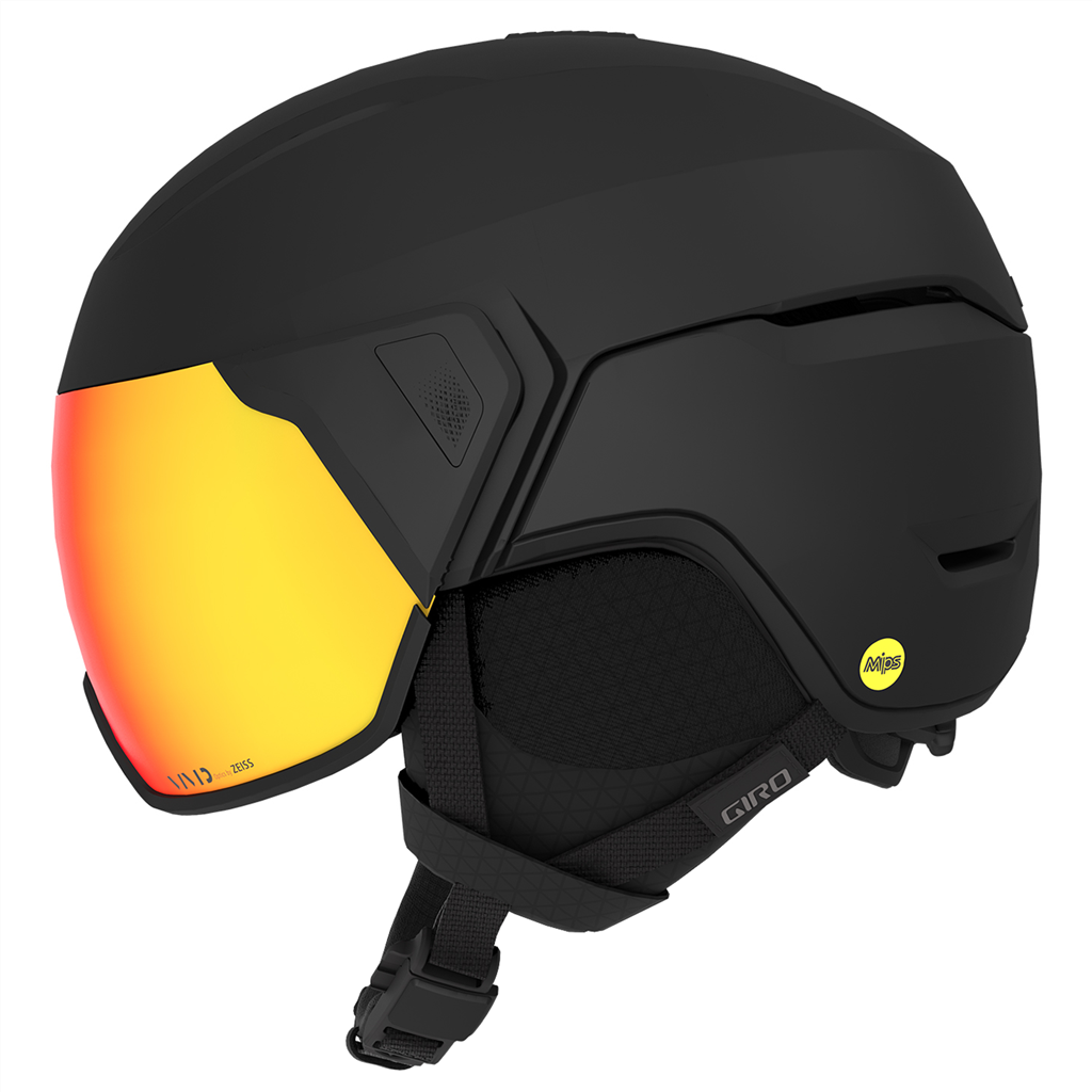 Schwarzer Skihelm Giro Orbit Mips Spherical Vivid mit orangenem Visier und Gurt.