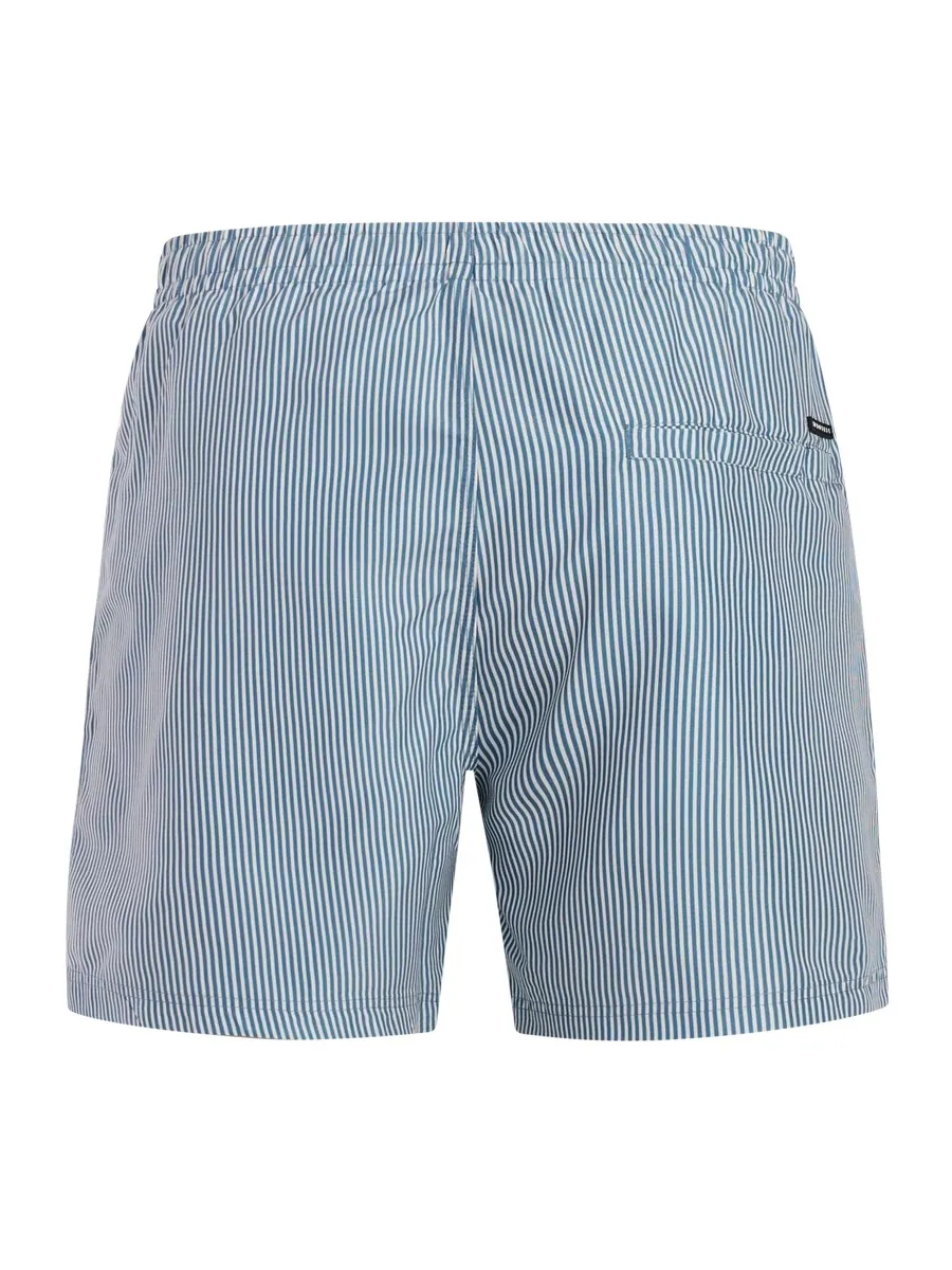 Badehose von hinten mit blauen und weißen vertikalen Streifen und elastischem Bund.