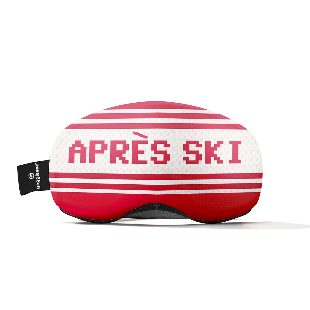 Skibrillen-Hülle "APRÈS SKI" Skibrillen-Schutzhülle "Apres Pro Soc" mit roten Streifen und pixeliger "APRÈS SKI"-Aufschrift.