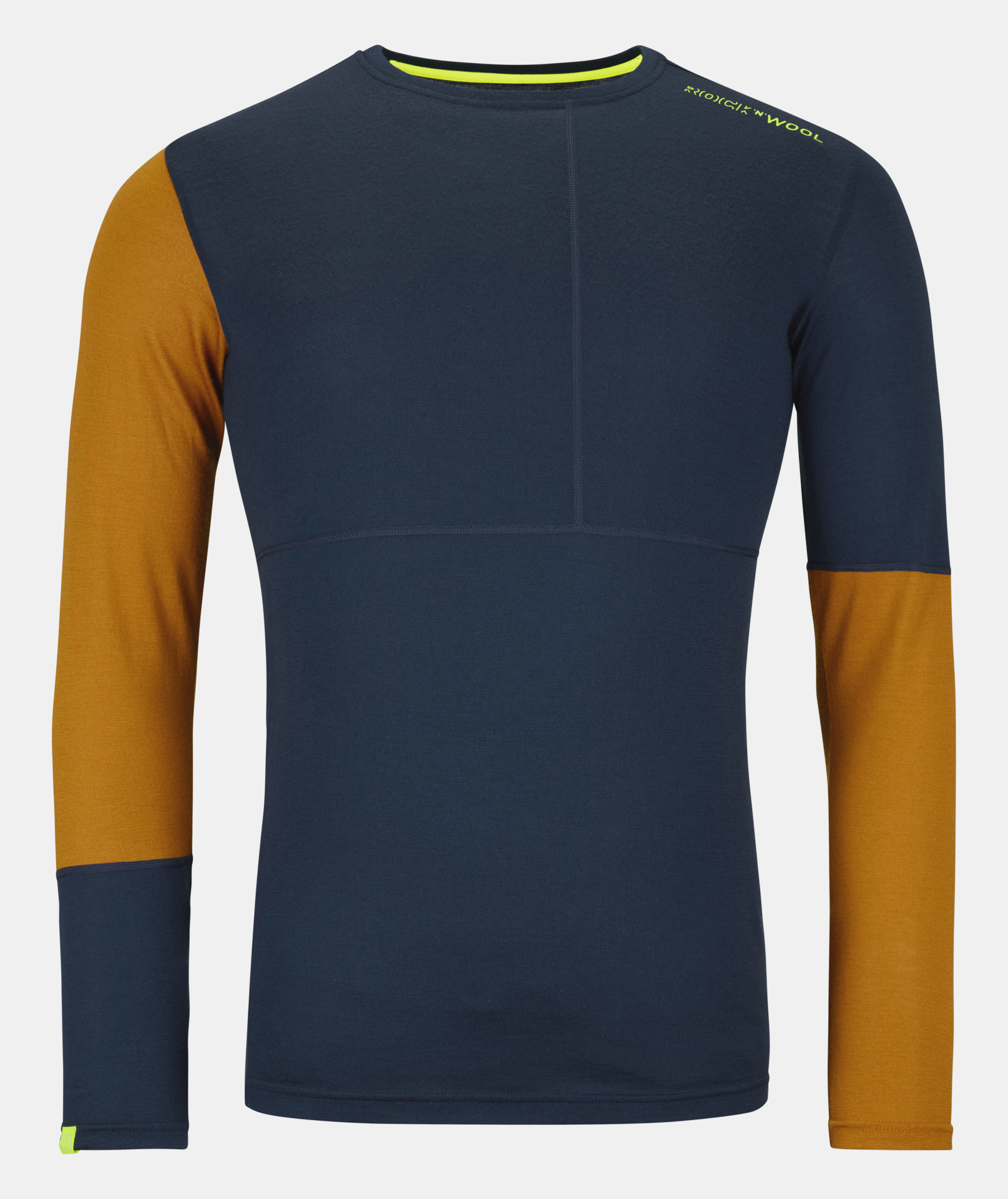Blau-braunes Rock'n'Wool Longsleeve mit asymmetrischem Design und gelben Akzenten am Kragen und Ärmel.