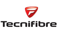 Tecnifibre Logo: Schwarzer Schriftzug unter einem roten, stilisierten "T" in einem Schild.