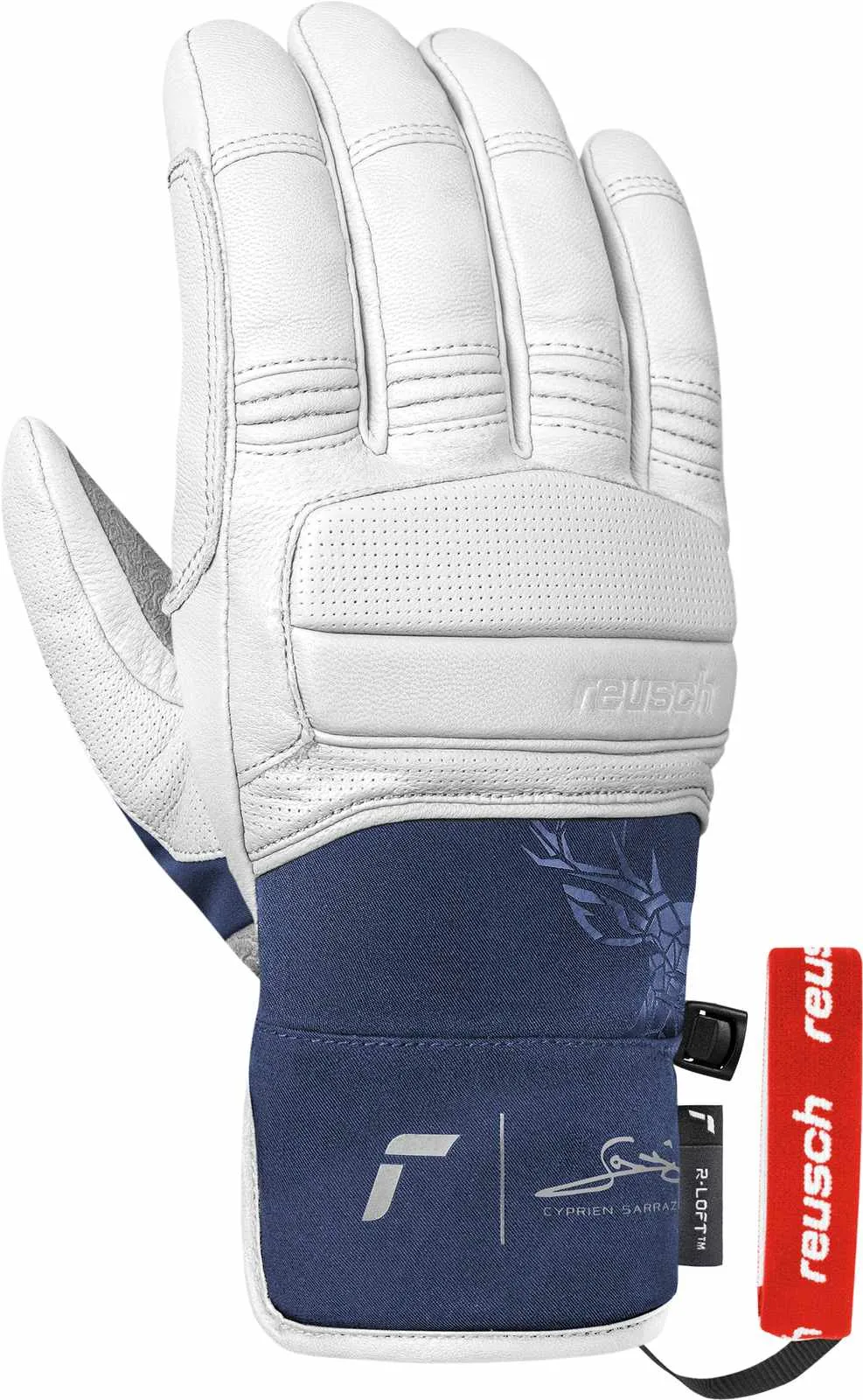 Weiße Reusch-Lederhandschuhe mit dunkelblauem Textilbund und rotem Etikett vor weißem Hintergrund.