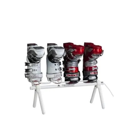 Alpenheat Radiator AD8: Schuhtrockner mit vier Skischuhen in Weiss und Rot auf einem weissen Trocknungsgestell.