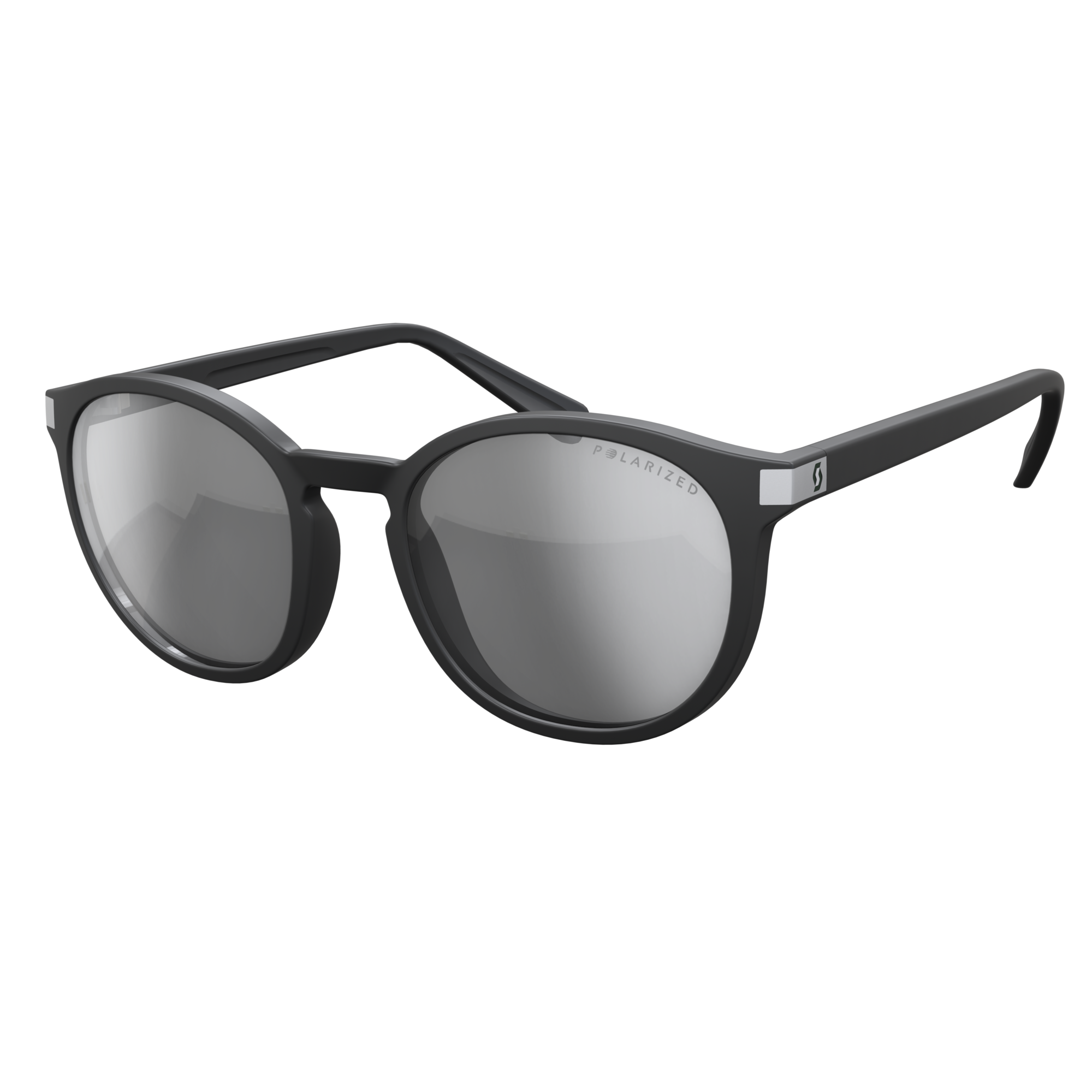 Schwarze, polarisierte SCOTT Riff Brille mit runden, grau verspiegelten Gläsern, Frontansicht.