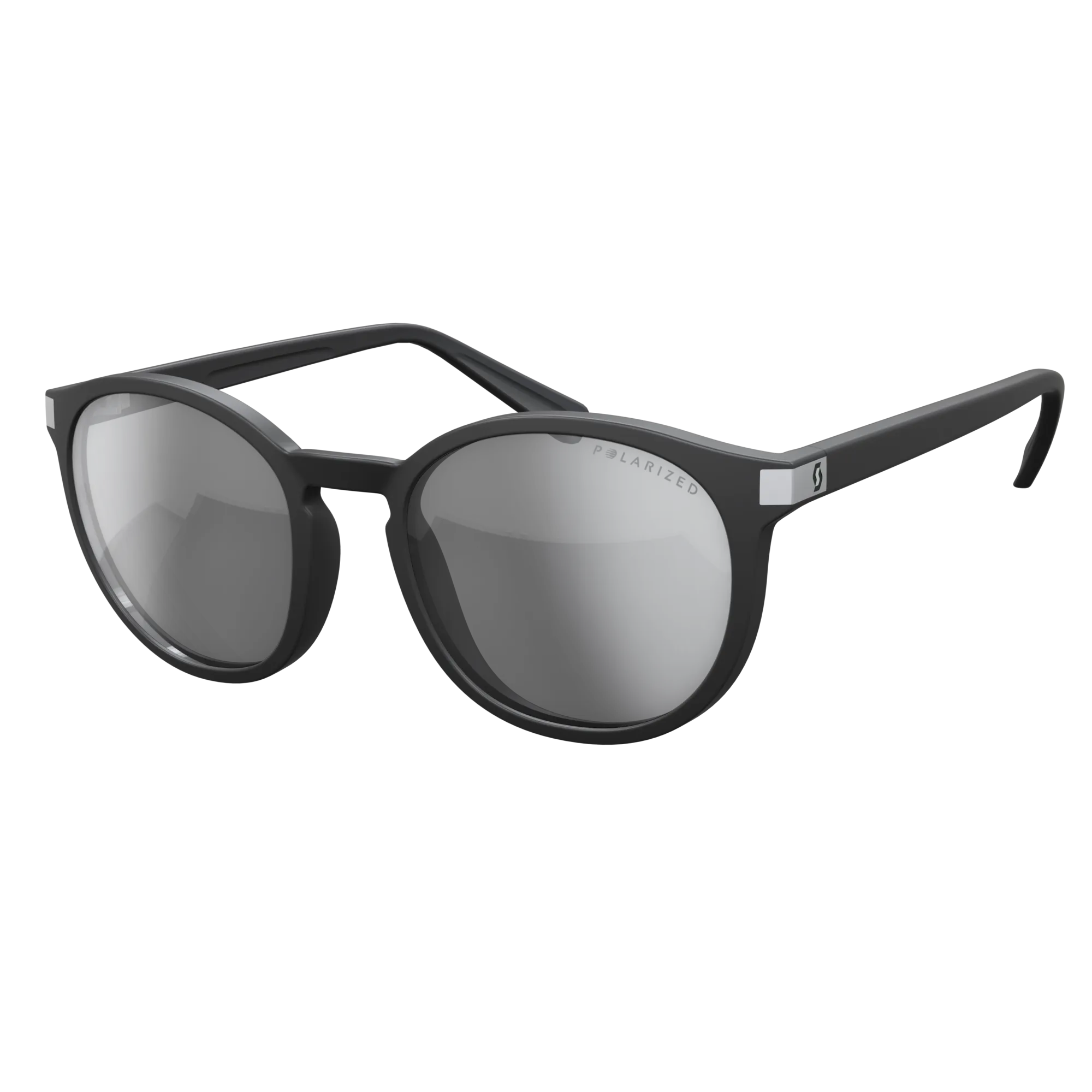Schwarze, polarisierte SCOTT Riff Brille mit runden, grau verspiegelten Gläsern, Frontansicht.