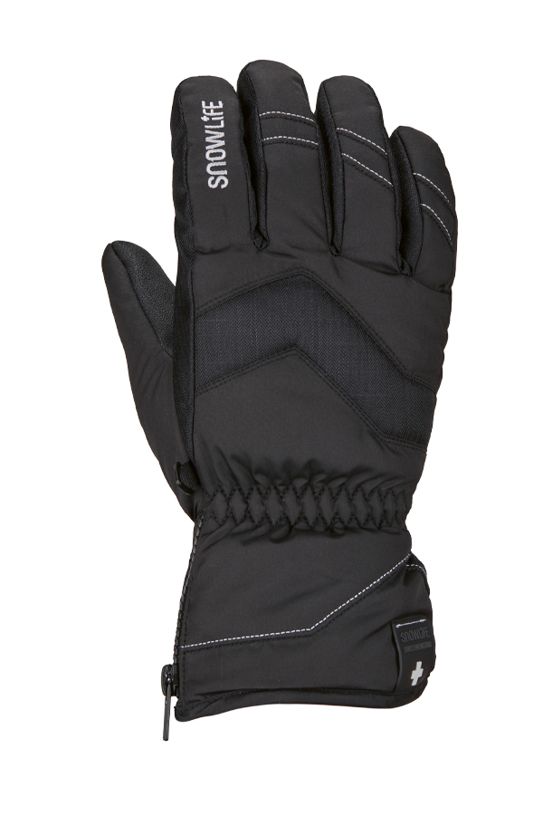 Schwarzer Snowlife Damenhandschuh Schwarzer Snowlife Vivid Glove für Damen, von vorne, mit Reißverschluss am Bündchen und Logo auf dem Handrücken.