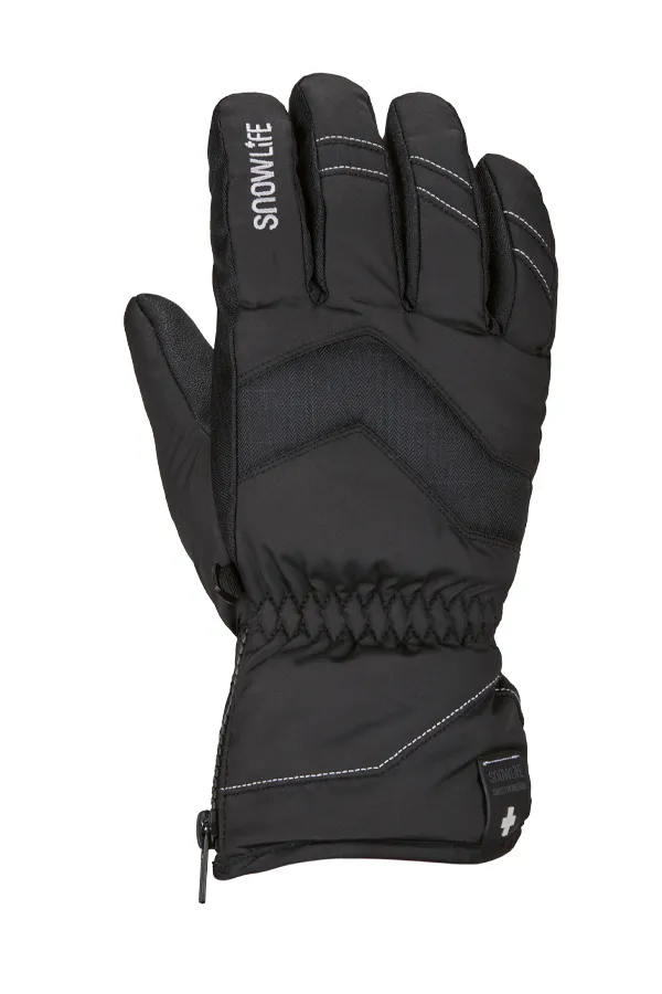 Schwarzer Snowlife Vivid Glove für Damen, von vorne, mit Reißverschluss am Bündchen und Logo auf dem Handrücken.