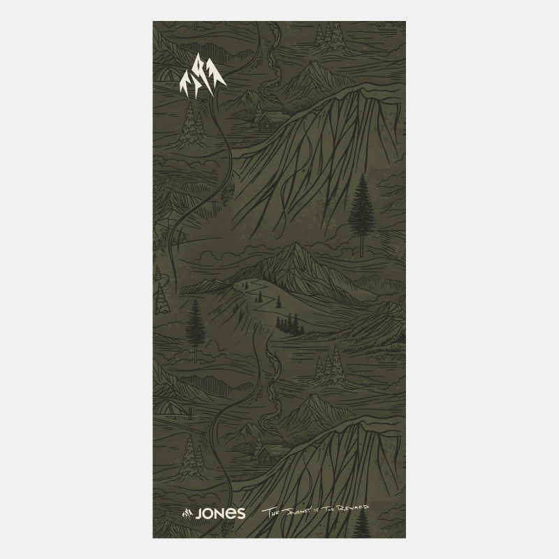 Olivgrüner Aloha Summit Neckwarmer mit Berglandschaft-Muster und weißen Akzenten.